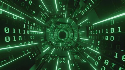 Digital tunnel with glowing binary code and neon green lines forming a futuristic cyber corridor