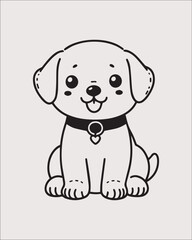 Fototapeta premium A clean, simple black and white outline drawing of a sitting puppy wearing a collar. Perfect for pet care logos, veterinary icons, clip art, or uncomplicated animal service branding