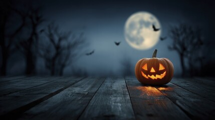 Glowing Halloween Pumpkin on Dark Wooden Surface Under Full Moon and Bare Trees with Flying Bats