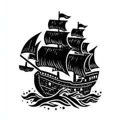 Black and white line art of a sailing ship with billowing sails on wavy water