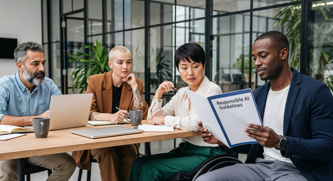 Black man reviewing document of company's Responsible AI Guidelines with diverse and inclusive business team in modern office