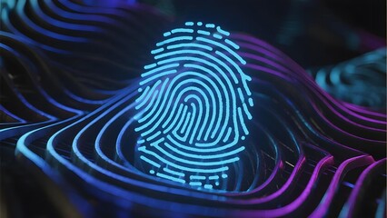 Digital fingerprint scan displayed on a glowing, wavy surface with neon blue and purple lighting
