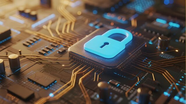 Digital lock symbol on a circuit board representing cybersecurity and data protection technology