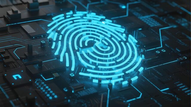 Digital fingerprint scan on a circuit board with glowing blue lines and electronic components