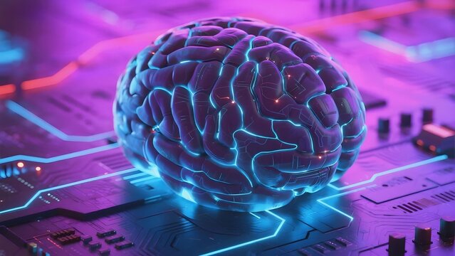 Digital brain model illuminated with glowing circuits on a futuristic circuit board