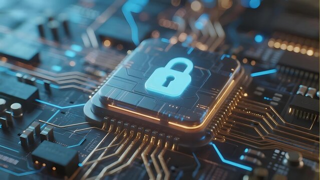 Close-up of a microchip with a glowing lock symbol, representing cybersecurity on a circuit board.