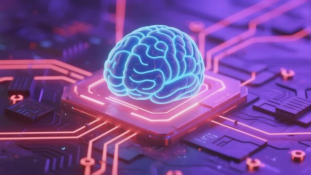 Neon brain hologram on a circuit board with glowing pathways