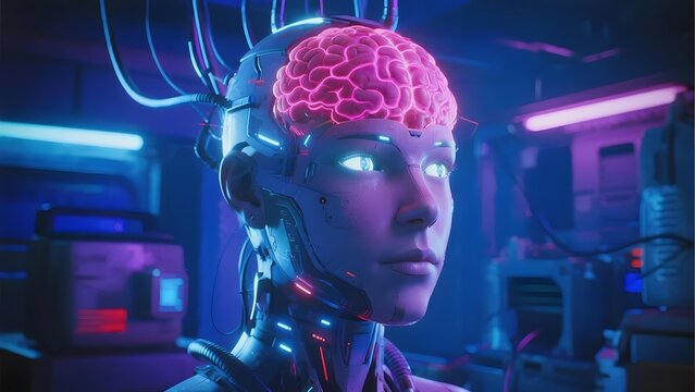 Cyborg with exposed brain and glowing neural circuits in a futuristic lab setting