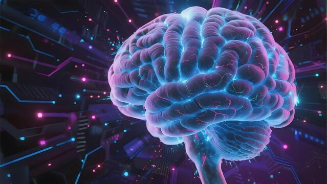 Digital illustration of a human brain with glowing neural pathways against a futuristic circuit background - Powered by Adobe