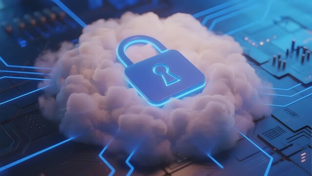 Digital cloud with glowing lock symbol representing cybersecurity in technology