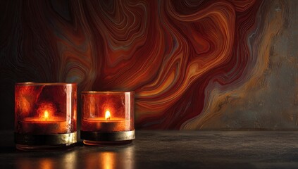 Two lit candles in amber glass holders against a swirling, textured, warm-toned background