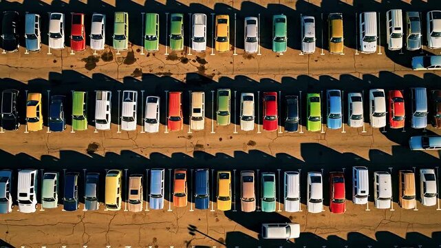 Aerial view of a sunlit parking lot filled with rows of colorful cars, shadows and sand. across lot