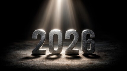 Metallic numbers for the year 2026 illuminated by dramatic light on a textured dark background representing future planning and aspirations