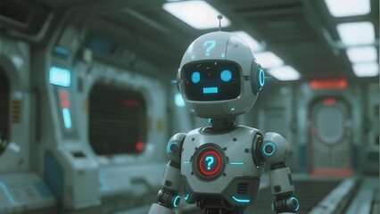 A humanoid robot with glowing blue eyes and a question mark on its head stands in a futuristic corridor with illuminated panels and high-tech equipment.