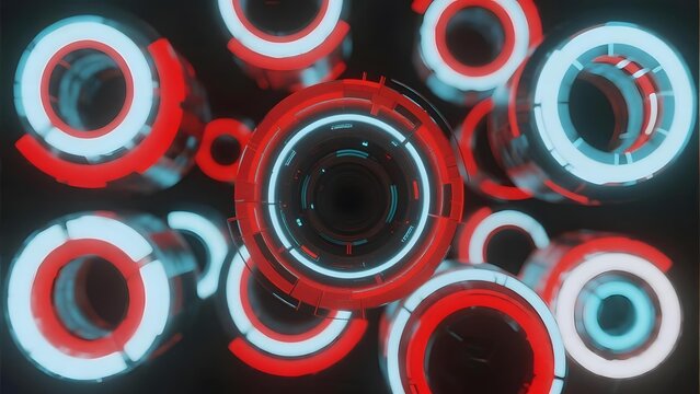 Abstract digital rings with glowing red and white circular patterns against a dark background