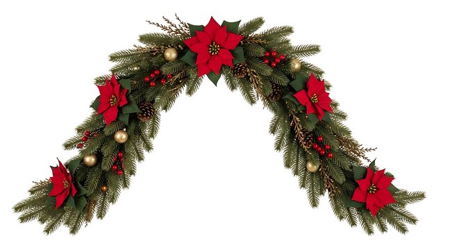 Illustration of christmas garland with poinsettias, pine branches, red berries, and gold ornaments isolated on white background