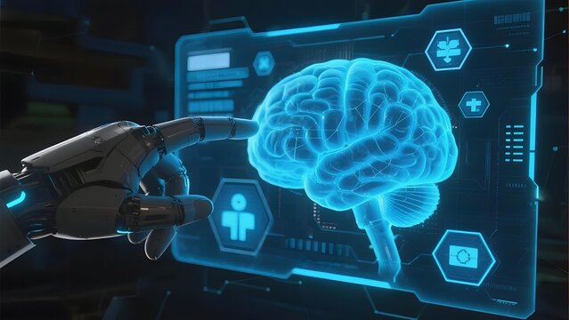 Robotic hand interacting with a holographic brain display in a futuristic interface - Powered by Adobe