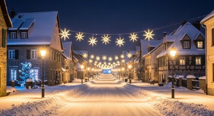 Fototapeta premium Enchanting Winter Village: Snow-Covered Street Illuminated by Starry Lights and Warm Glow