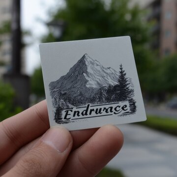 Fototapeta A person is holding a square sticker displaying a mountain design and the word Endurance, surrounded by greenery in an urban area.
