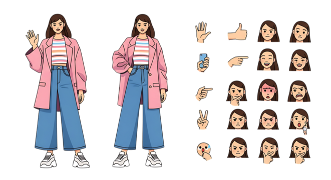 Illustration of a woman in a pink jacket and blue pants with various hand gestures and facial expressions.