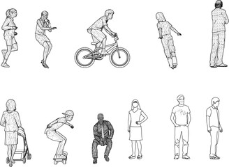vector sketch illustration silhouette design of various human activities with their work as a complement to the image  