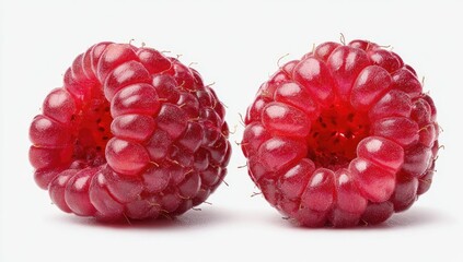 Two vibrant, ripe red berries with bumpy textures sit against a clean white backdrop