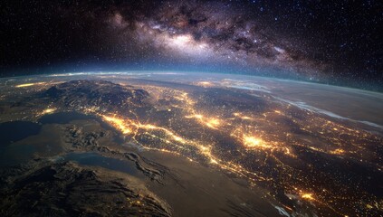 Fototapeta premium Earth's illuminated side seen from space, showcasing city lights under the Milky Way