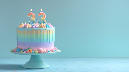 Rainbow 33rd Birthday Cake with Drip Icing, Colorful Candles and Pastel Decorations