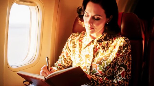 Woman seated by airplane window, writing in a notebook in warm cabin light. and she looks focused.!!