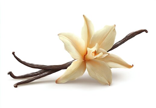 A single vanilla flower blooms with two dark pods against a bright white background