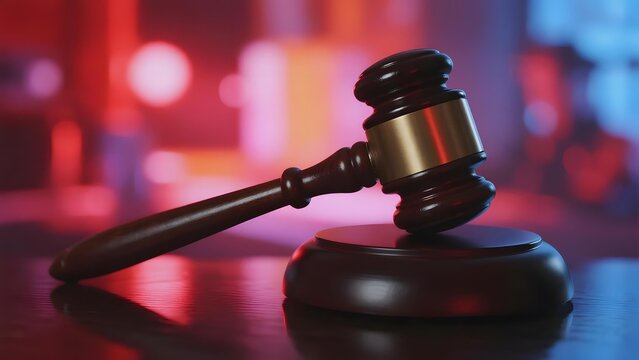 A wooden gavel resting on a sound block with a blurred colorful background, symbolizing legal authority and judicial proceedings.