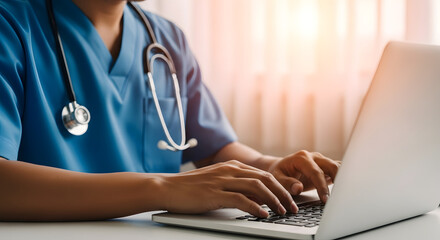 Dedicated medical professional diligently typing on laptop, focused on patient care and digital health advancements.