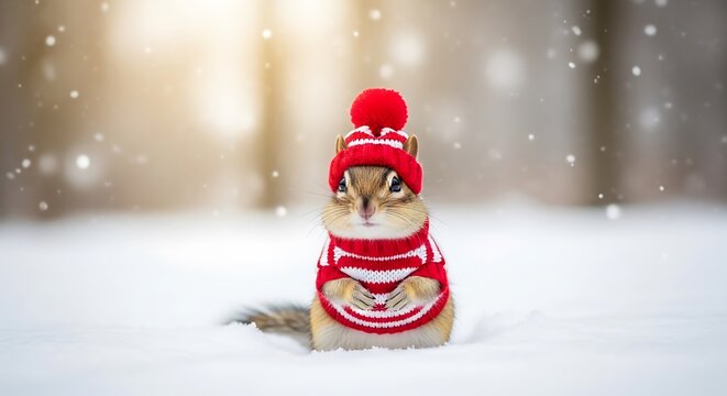 Illustration of cute chipmunk wearing a red and white striped sweater and hat, sitting in the snow during winter - Powered by Adobe