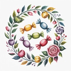 Colorful Candy Illustration Surrounded by Flowers in a Lovely Watercolor Style
