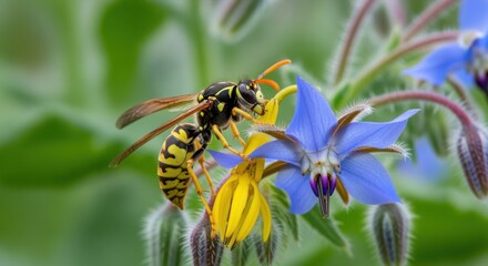 Fototapeta premium Closeup medium shot of a wasp perched on a flowering plant showcasing its role as an alternative pollinator in sustainable agriculture.