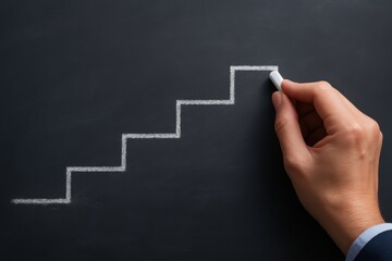 Hand drawing chalk staircase on blackboard symbolizing career growth and progress