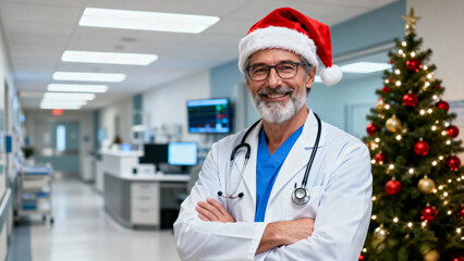 A male doctor standing confidently in a modern hospital corridor during the Christmas season.. Christmas, Christmas Tree, Merry Christmas, Christmas Background, Christmas Lights