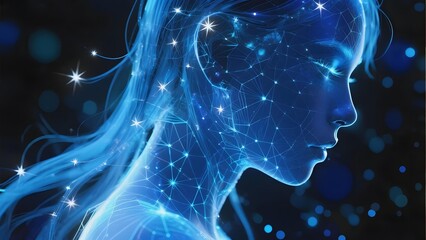 Digital silhouette of a woman with glowing blue network patterns and stars, set against a dark cosmic background.