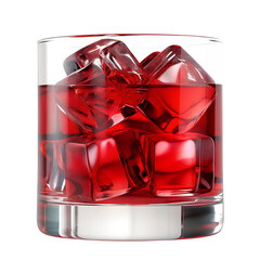 Bright red beverage in a transparent glass filled with ice cubes on a smooth surface in a casual dining setting during the day
