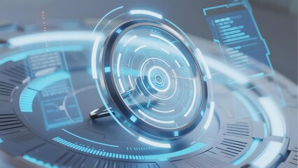 Futuristic holographic interface with circular display and digital data elements