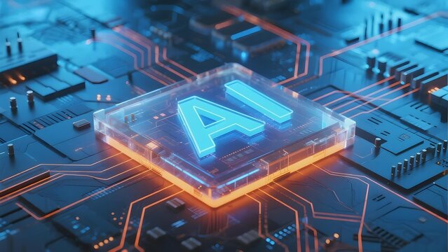 A glowing AI chip embedded in a futuristic circuit board with illuminated pathways and electronic components.