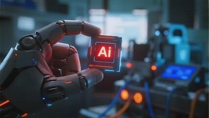 Robotic hand holding a glowing AI chip in a high-tech laboratory environment