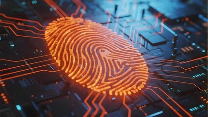 Digital fingerprint overlay on circuit board with glowing orange lines and electronic components