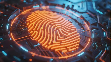 Digital fingerprint scan displayed on a futuristic interface with glowing circuit patterns