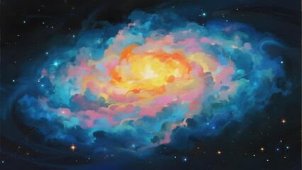 Vibrant spiral galaxy with glowing core and colorful nebulae in deep space