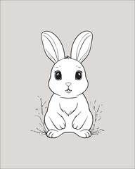 simple, lovely outline illustration of a fluffy baby bunny sitting on a patch of grass. The gentle drawing style is perfect for Easter and springtime designs
