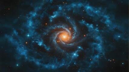 Spiral galaxy with glowing core and swirling blue arms set against a star-filled cosmic background