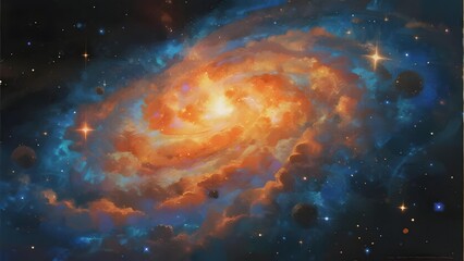 Spiral galaxy with vibrant orange and blue nebulae, glowing stars, and cosmic dust clouds in deep space