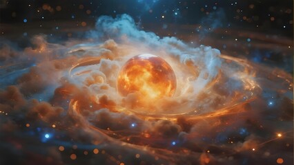 A vibrant nebula with a glowing central star surrounded by swirling cosmic clouds and distant stars in deep space.