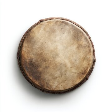 Overhead view of a weathered, circular drum.  The drumhead is a light brownish-tan, with visible age and texture.  A dark reddish-brown band encircles the drum